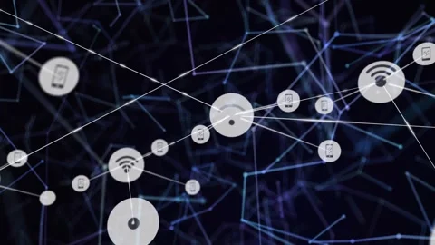 Initial node appearing, network nodes growing and linking while camera advancing Stock Footage 330143899