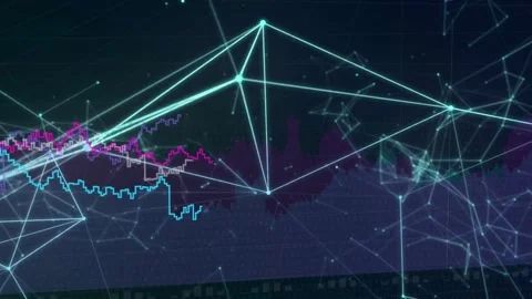 Initial node glow starting, neon cyan network linking and rotating, charts Vidéo 334741929