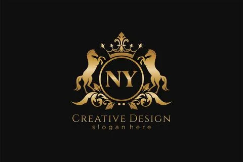 Initial NY Retro golden crest with circle and two horses, badge template wi.. Stock Illustration