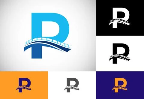 Initial P monogram letter alphabet with bridge sign. Abstract bridge logo d.. Ilustración de archivo