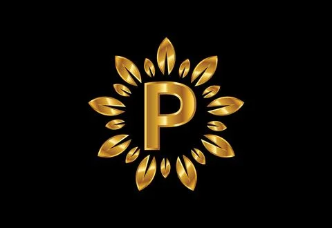 Initial P monogram letter alphabet with golden leaf wreath.Flower logo desi.. Stock Illustration