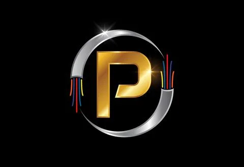 Initial P monogram letter alphabet with electric wire, optical fiber cable... Stock Illustration