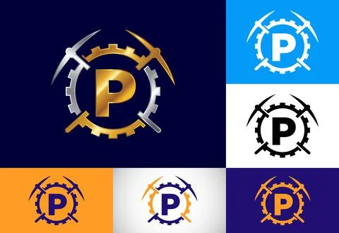 Initial P monogram letter alphabet with pickaxe and gear sign. Mining logo .. Stock Illustration
