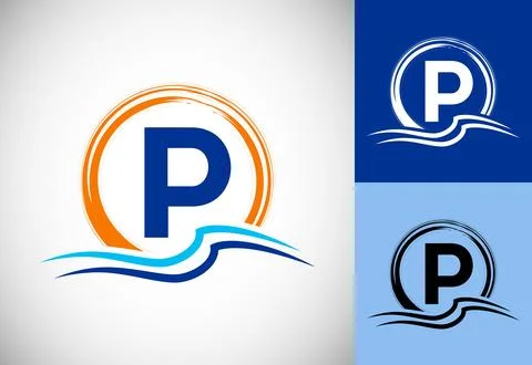 Initial P monogram letter with water ocean waves and the sun. Beach logo de.. 스톡 일러스트