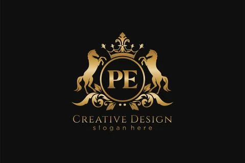 Initial PE Retro golden crest with circle and two horses, badge template wi.. Illustrazione stock