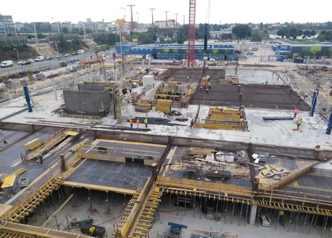 Initial Phase of Skyscraper Construction with Rebar and Concrete Columns Stock Photos