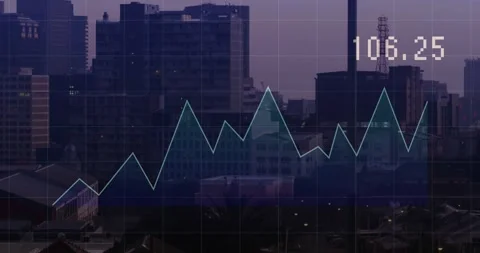 Initial point appearing, teal line chart drawing over skyline, numeric readout Stock Footage 321956098