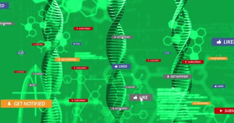 Initial Like prompt appearing triggers DNA helices spawning floating social Vídeo Stock 311050998