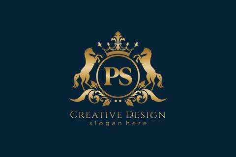 Initial PS Retro golden crest with circle and two horses, badge template wi.. Stock Illustration