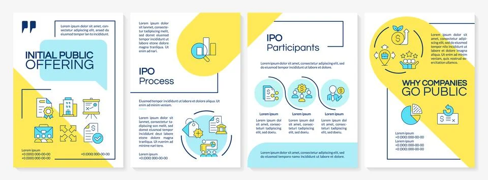 Initial public offering blue and yellow brochure layout Stock Illustration