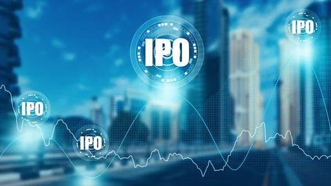 Initial public offering IPO process shows growth in stock market in urban Foto stock