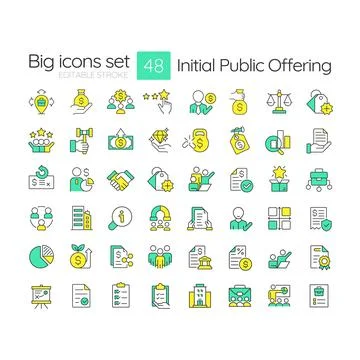 Initial public offering line color icons set Illustrazione stock