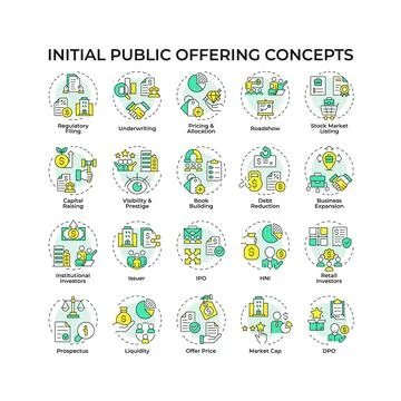 Initial public offering multi color concept icons Stock Illustration