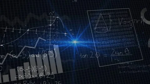 Initial pulse at central blue flare starting charts, math and UI appearing, Stock Footage 335761883