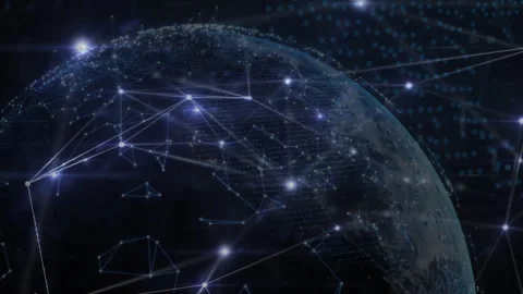 Initial pulse initiating network growth, digital globe rotating with pulsing 動画素材 312408081