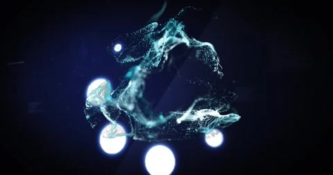 Initial pulse sending teal particle mesh shifting, wrapping lights, dispersing 動画素材 328396280