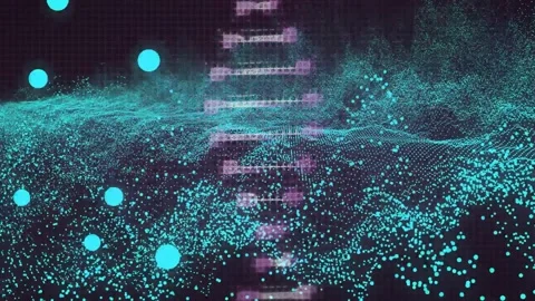 Initial pulse signaling teal point cloud flowing, purple blocks shifting, dots Stock Footage 321161845