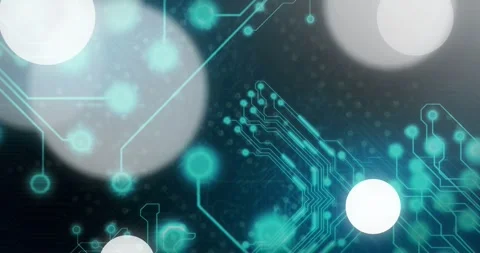 Initial pulse starting, teal circuit pulsing while bokeh orbs drifting, Stock Footage 329533556
