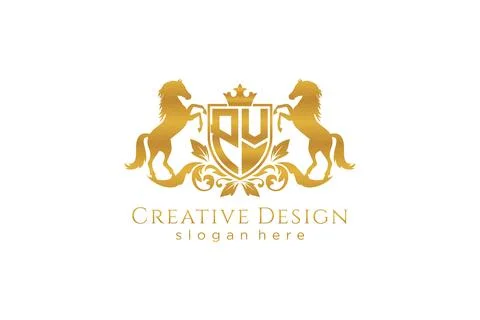 Initial PV Retro golden crest with shield and two horses, badge template wi.. Illustrazione stock