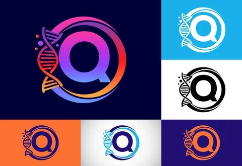 Initial Q monogram alphabet in a circle with DNA. Genetics logo design conc.. 스톡 일러스트
