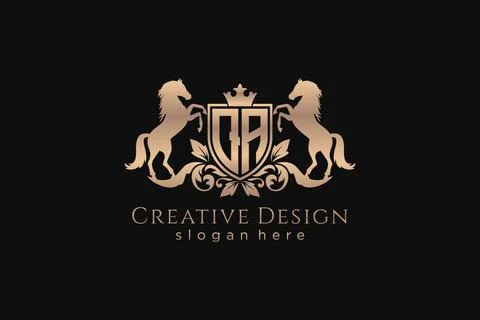 Initial QA Retro golden crest with shield and two horses, badge template wi.. Stock Illustration