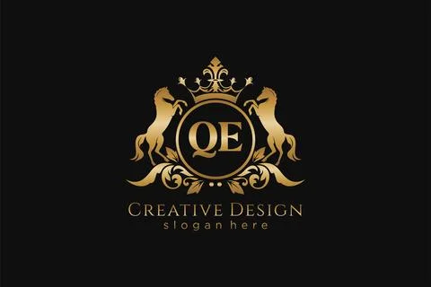 Initial QE Retro golden crest with circle and two horses, badge template wi.. Stock Illustration