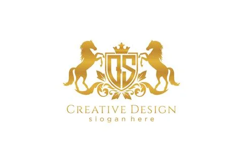 Initial QS Retro golden crest with shield and two horses, badge template wi.. Stock Illustration