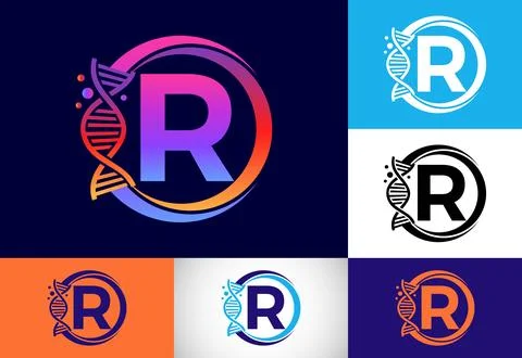 Initial R monogram alphabet in a circle with DNA. Genetics logo design conc.. イラスト素材