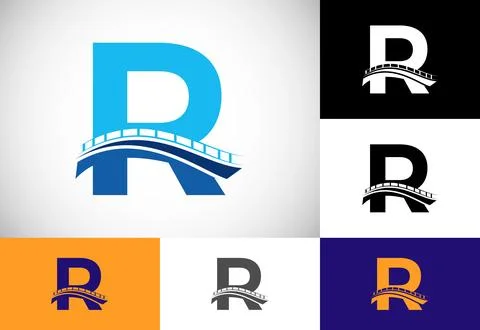 Initial R monogram letter alphabet with bridge sign. Abstract bridge logo d.. Ilustración de archivo