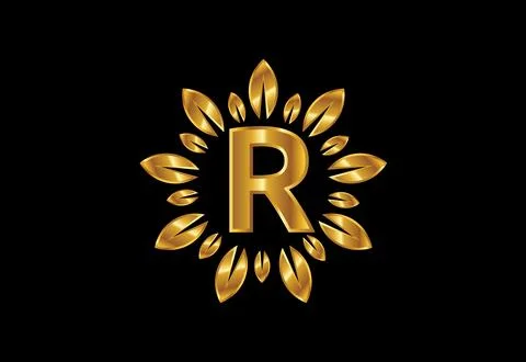 Initial R monogram letter alphabet with golden leaf wreath.Flower logo desi.. Stock Illustration