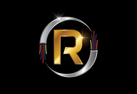 Initial R monogram letter alphabet with electric wire, optical fiber cable... Stock Illustration