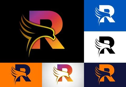Initial R monogram letter with Eagle head negative space symbol. Creative E.. Stock Illustration