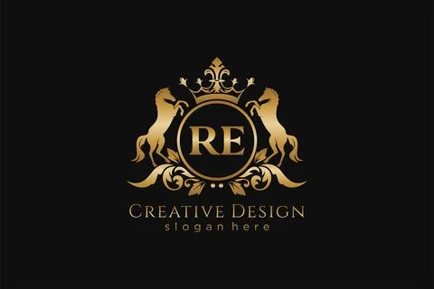 Initial RE Retro golden crest with circle and two horses, badge template wi.. Stock Illustration
