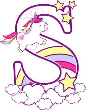 Initial s with cute unicorn and rainbow. can be used for baby birth announcem Stock Illustration