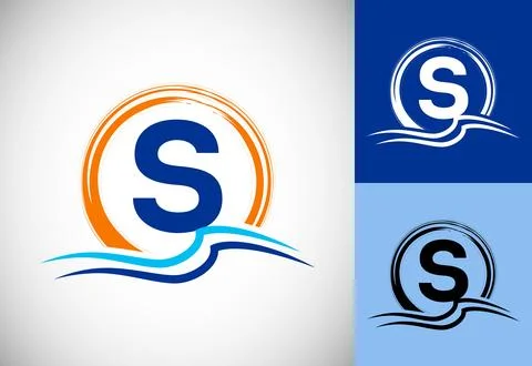 Initial S monogram letter with water ocean waves and the sun. Beach logo de.. 스톡 일러스트