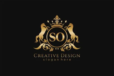 Initial SO Retro golden crest with circle and two horses, badge template wi.. Illustrazione stock