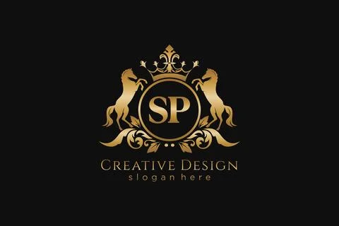 Initial SP Retro golden crest with circle and two horses, badge template wi.. Stock Illustration