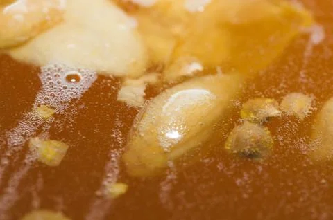 The initial stage of fermentation of craft beer with petals of hop on the sur Stock Photos