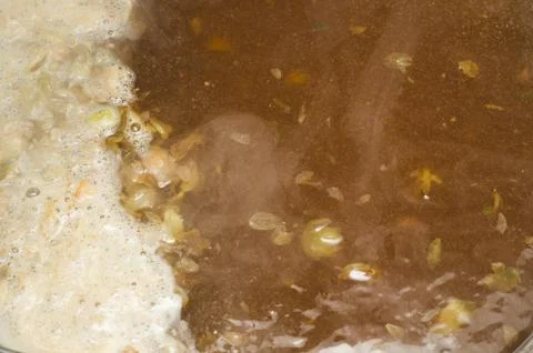 The initial stage of fermentation of craft beer with petals of hop on the sur Stock Photos