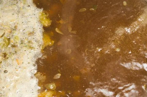 The initial stage of fermentation of craft beer with petals of hop on the sur Stock Photos