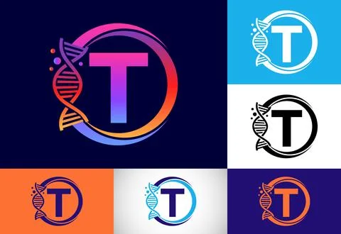 Initial T monogram alphabet in a circle with DNA. Genetics logo design conc.. Stock Illustration