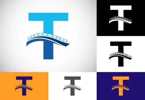 Initial T monogram letter alphabet with bridge sign. Abstract bridge logo d.. Ilustración de archivo