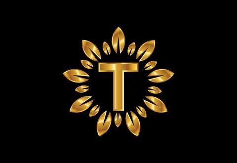 Initial T monogram letter alphabet with golden leaf wreath.Flower logo desi.. Stock Illustration