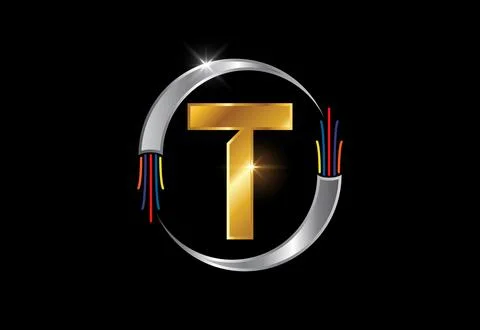 Initial T monogram letter alphabet with electric wire, optical fiber cable... Stock Illustration