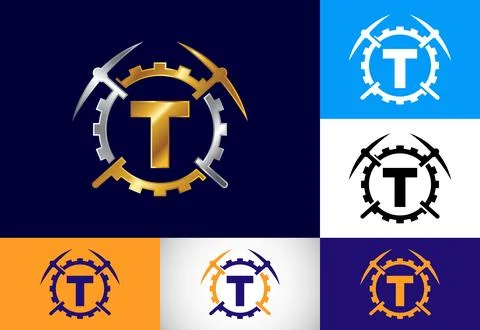 Initial T monogram letter alphabet with pickaxe and gear sign. Mining logo .. Stock Illustration