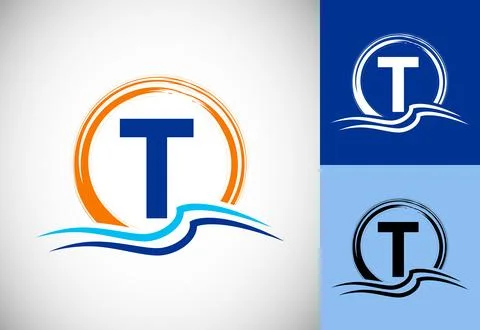 Initial T monogram letter with water ocean waves and the sun. Beach logo de.. Stock Illustration