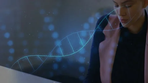 Initial tap starting blue helix sweeping, growing over face as woman tapping 動画素材 334111571