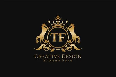 Initial TF Retro golden crest with circle and two horses, badge template wi.. Stock Illustration