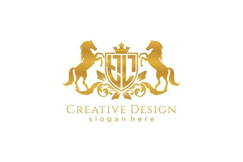 Initial TL Retro golden crest with shield and two horses, badge template wi.. Stock Illustration