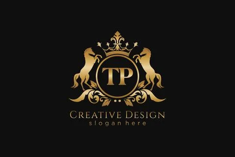 Initial TP Retro golden crest with circle and two horses, badge template wi.. Stock Illustration